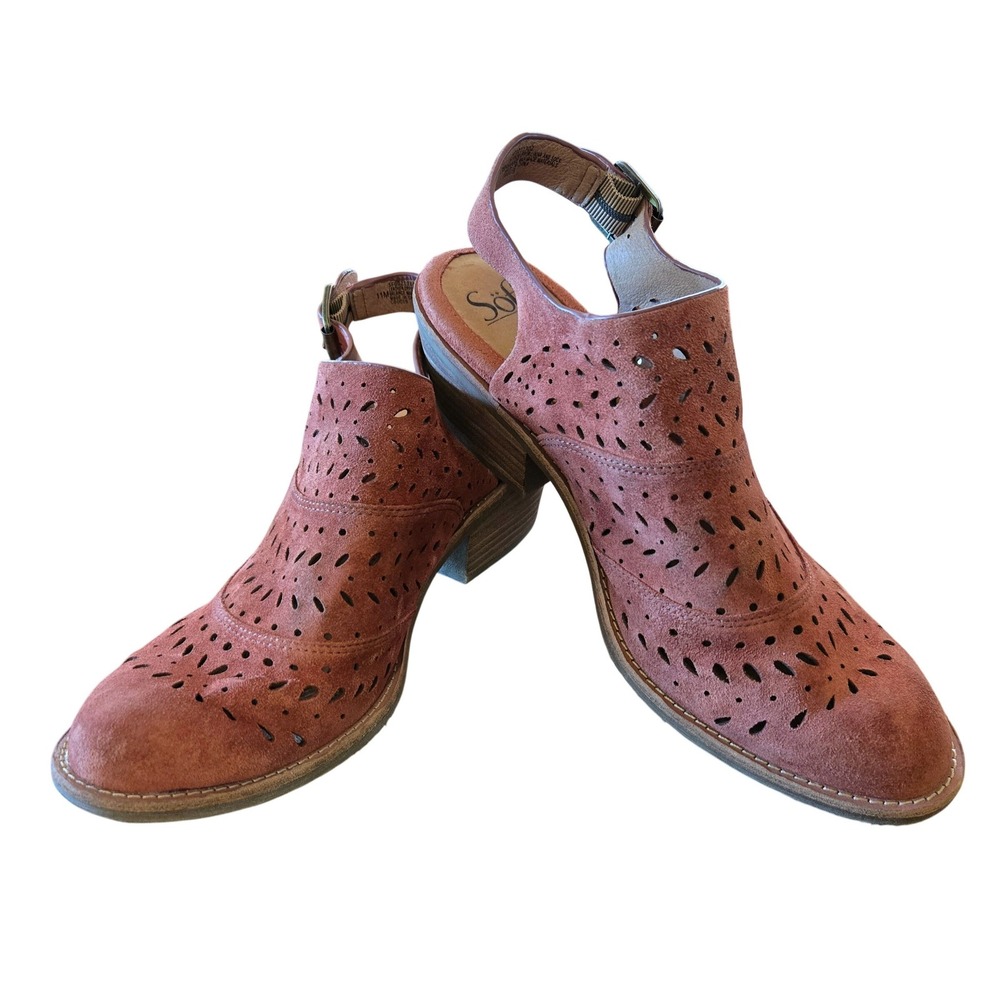 Sofft Boho Chic Bellis Suede Laser Cut Slingback Booties Stacked Heel Copper 11M